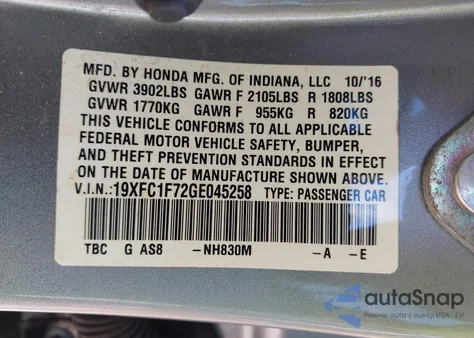 2016 Honda Civic Ex-L from USA, damaged, VIN 19XFC1F72GE045258